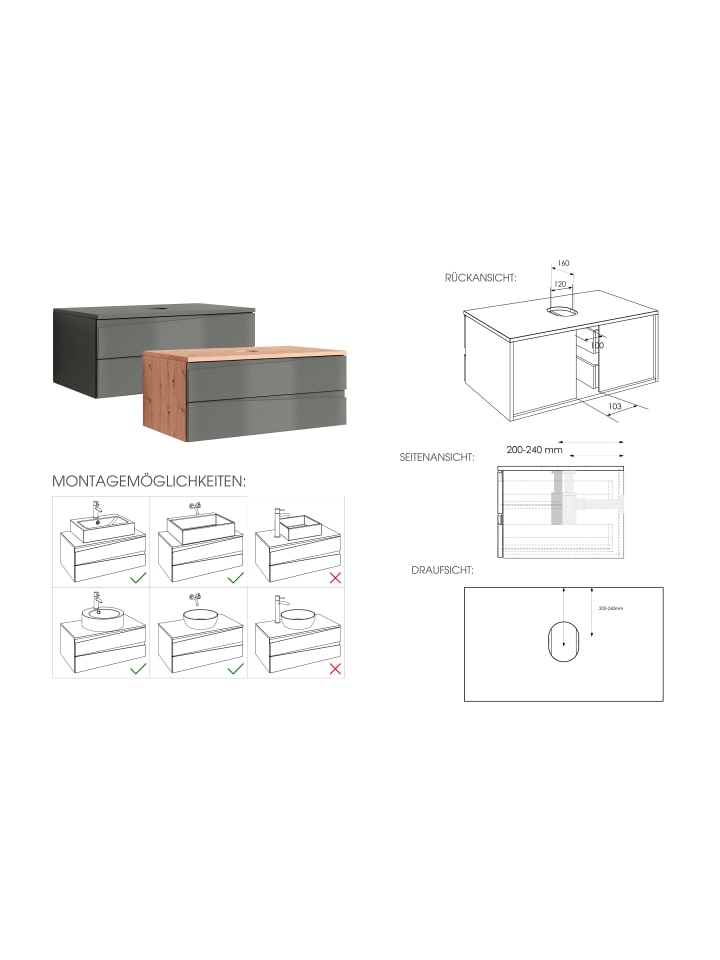 byLiving Waschtisch Shape in Grau - (B) 80 x (H) 33 x (T) 47 cm günstig kaufen onesize