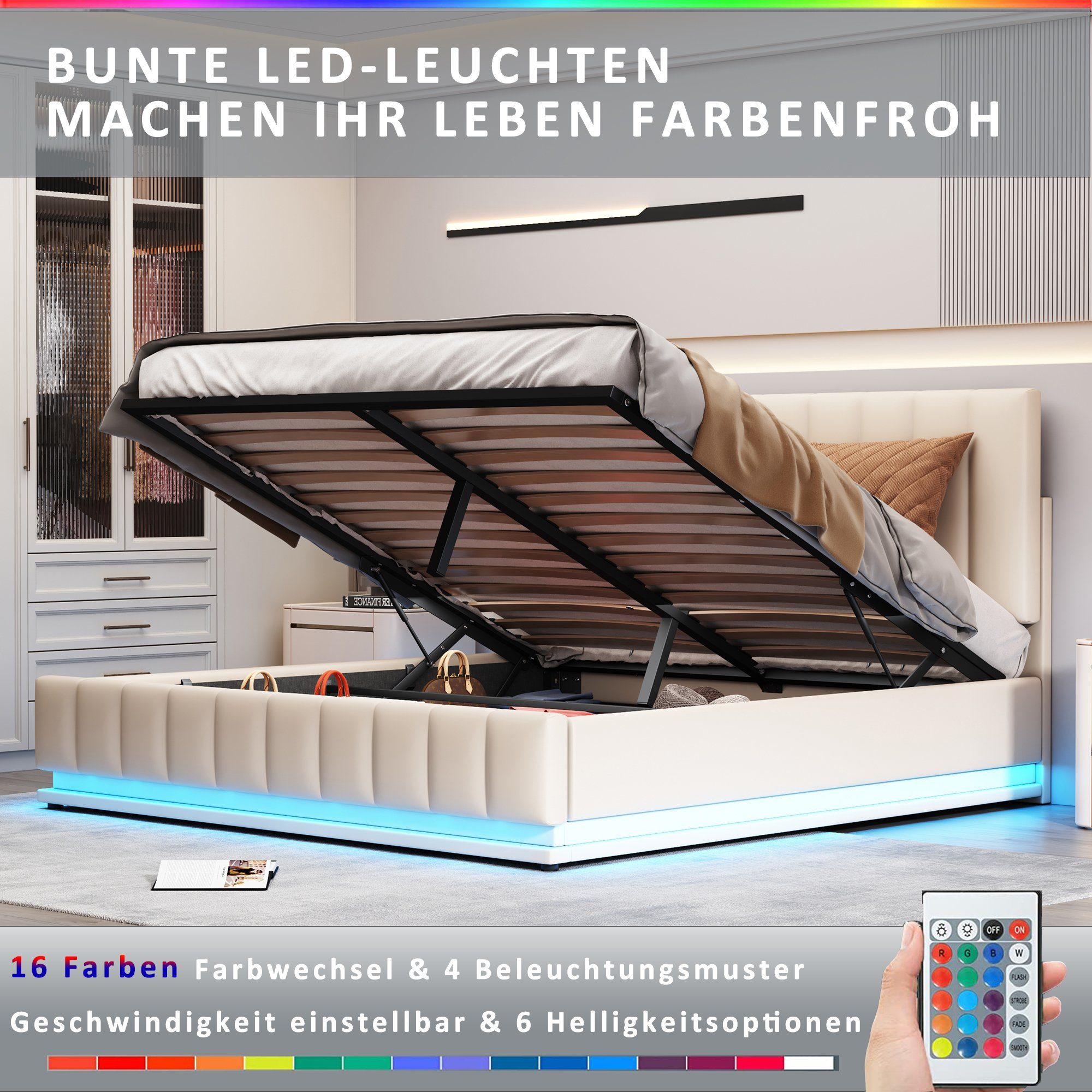 PHOEBE CAT Boxspringbett (LED Hydraulisches Bett mit Bettkasten und Lattenrost), Polsterbett Stauraumbett 160x200 cm, Kunstleder