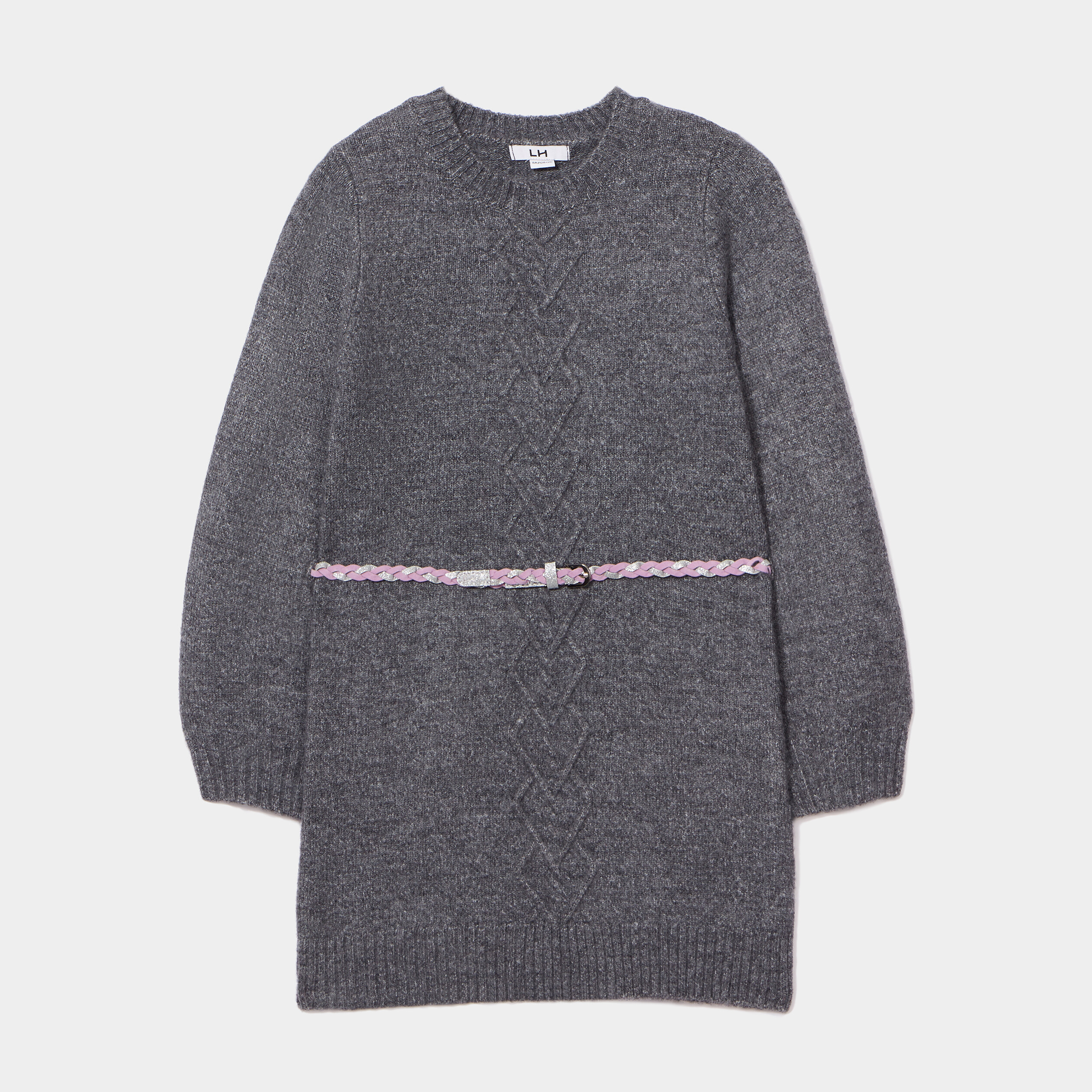Robe pull avec torsades et ceinture gris foncé fille | La Halle