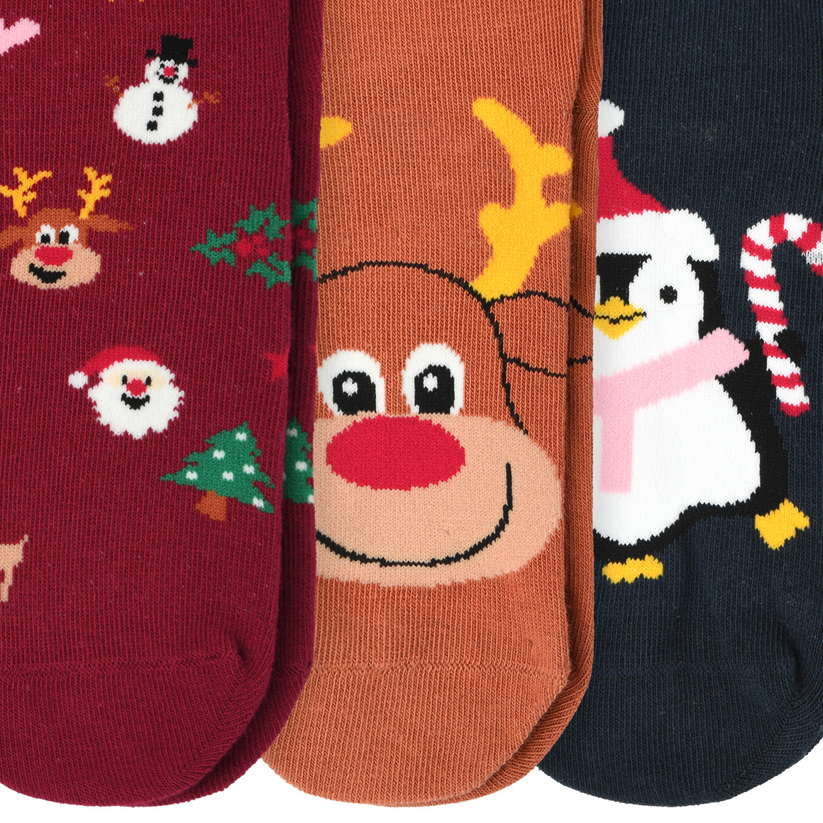 3 Paar Kinder Weihnachtssocken im Set hellbraun / dunkelrot / dunkelblau