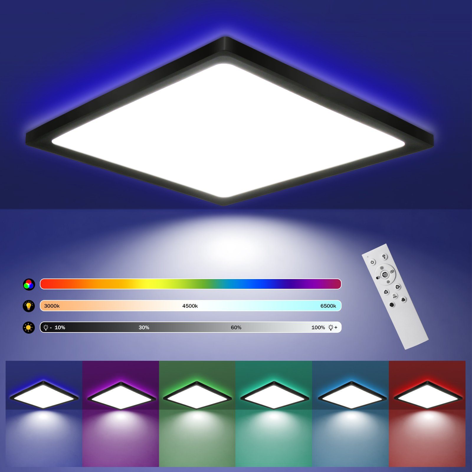 ZMH LED Deckenleuchte IP44 RGB Hintergrundleuchtung 28W Dünn Flach mit Fernbedienung, Dimmbar, LED fest integriert, warmweiß-kaltweiß