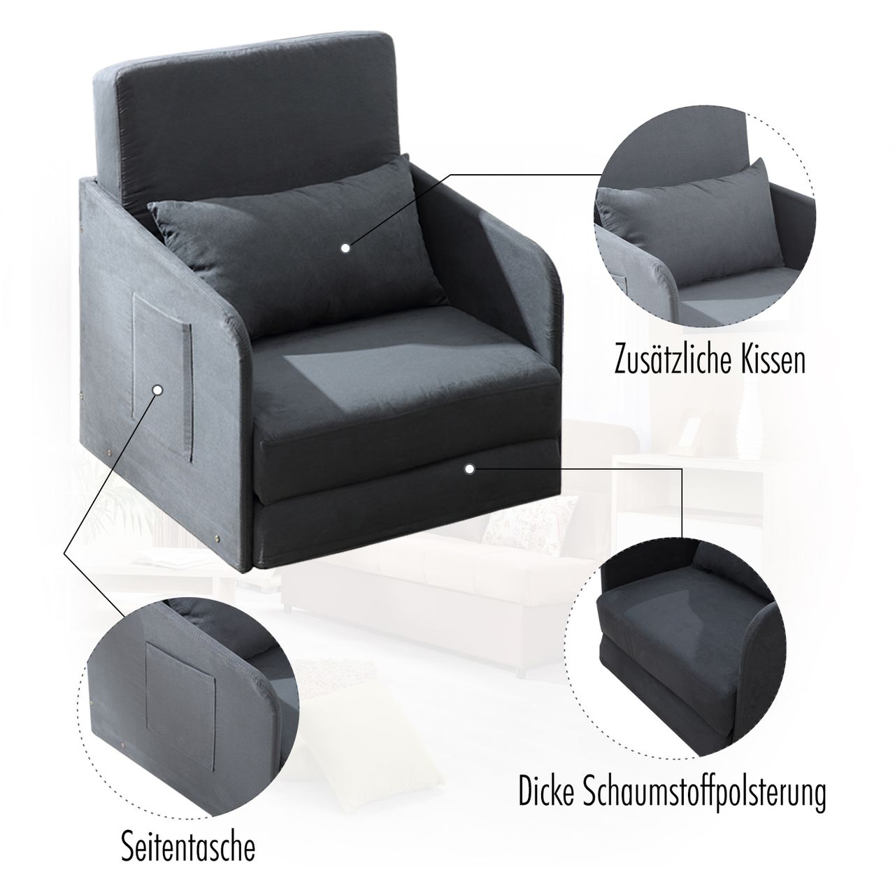 HOMCOM Schlafsofa Sofabett Einzelsofa Waschbarer Bezug 2 Seitentaschen Metall