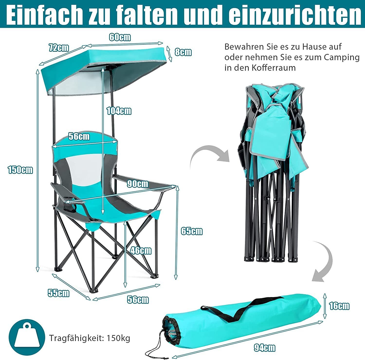 KOMFOTTEU Campingstuhl Klappstuhl, bis 150kg, Türkis
