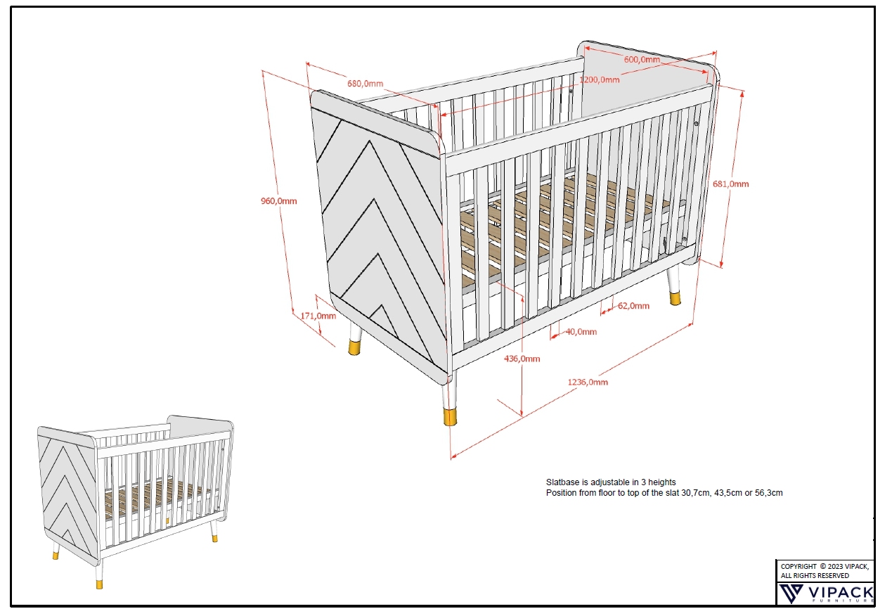 VIPACK BILLY Babybett LF 60 x 120 cm, m. verst. Lattenrost, Ausf. MDF rosa lackiert