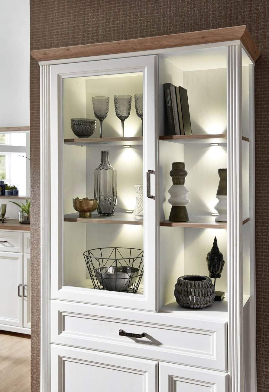 Innostyle Wohnwand Wohnwand JASMIN UH83 Pinie weiß Nachbildung 3-teilig im Landhausstil, (Komplett-Set, 3-St., Vitrine, TV-Lowboard, Wandboard)