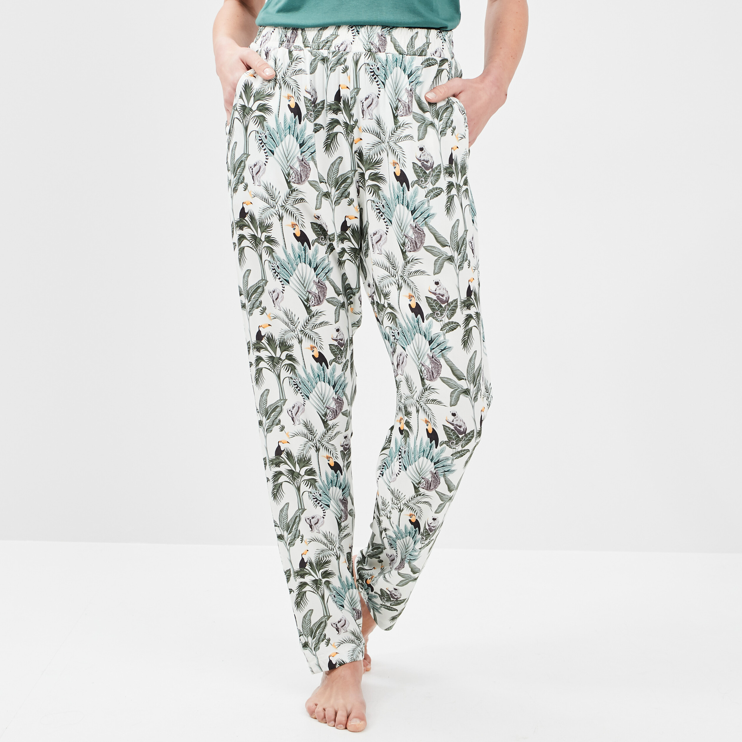 Pantalon de pyjama fluide taille haute ecru femme | La Halle