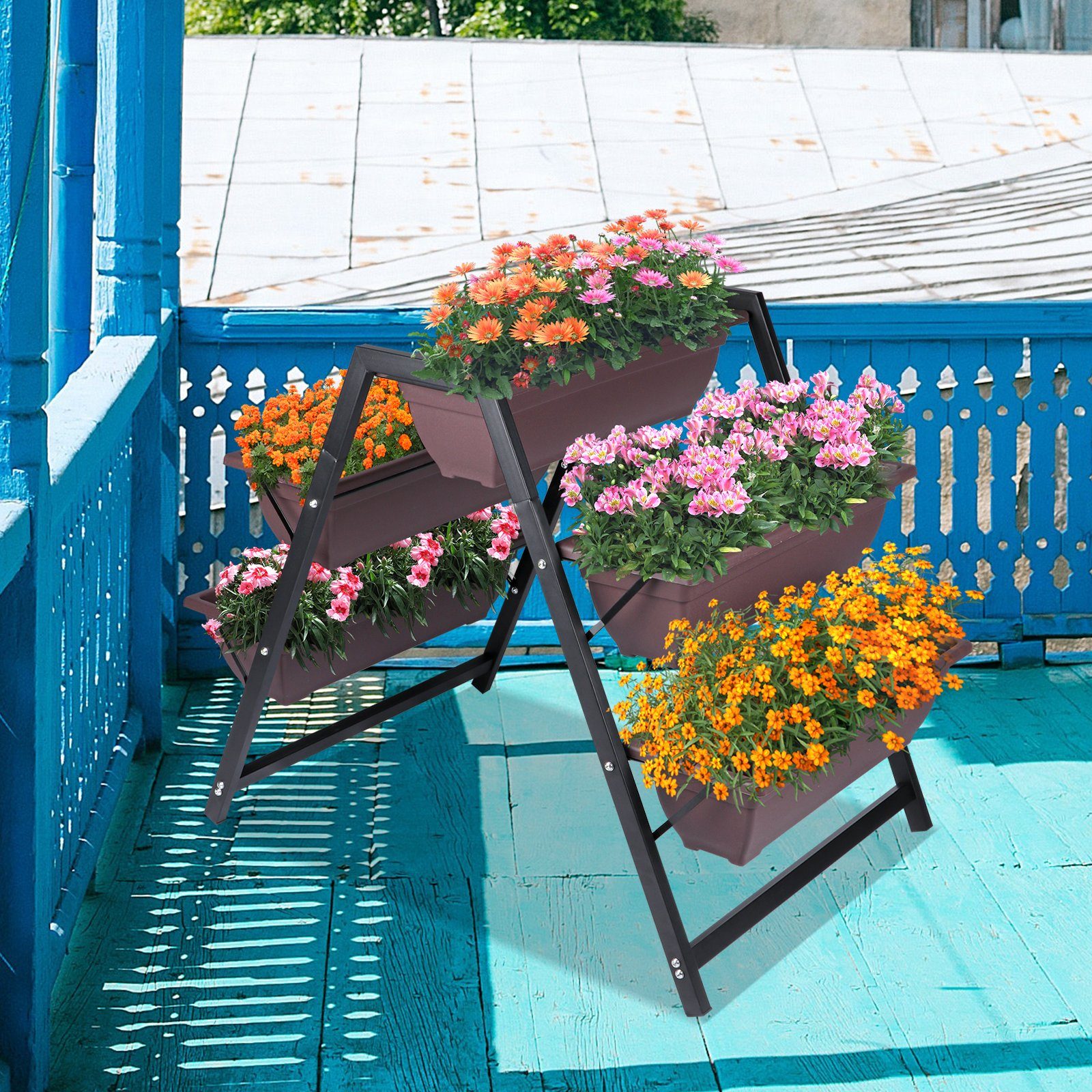 KAHOO Pflanzentreppe 3-stufiger Blumenständer, 65x90x79cm, 5 Kästen + Ausguss