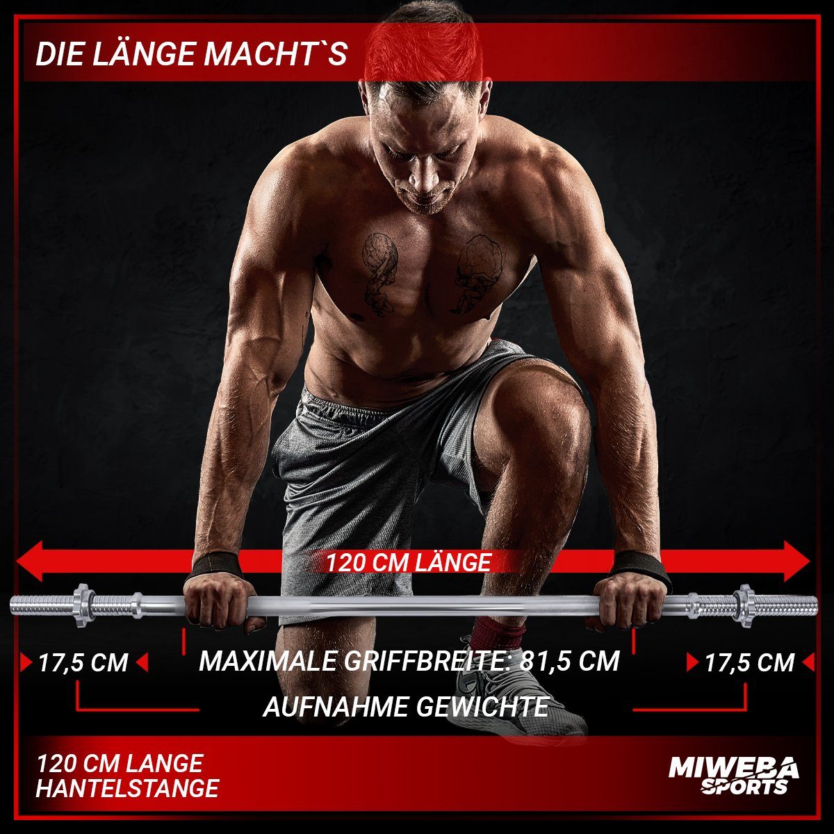 Miweba Sports Langhantelstange Profi Langhantel Stange LH100 inkl. Sternverschlüsse, Stahl, 120,00 cm (Workout, Training, Ganzkörpertraining, Muskelaufbau, Krafttraining, 3-tlg., Ø30mm, 120.0 x 6.7 x 6.7 cm, 230 kg max. Belastung, Stahl, gerändelt),