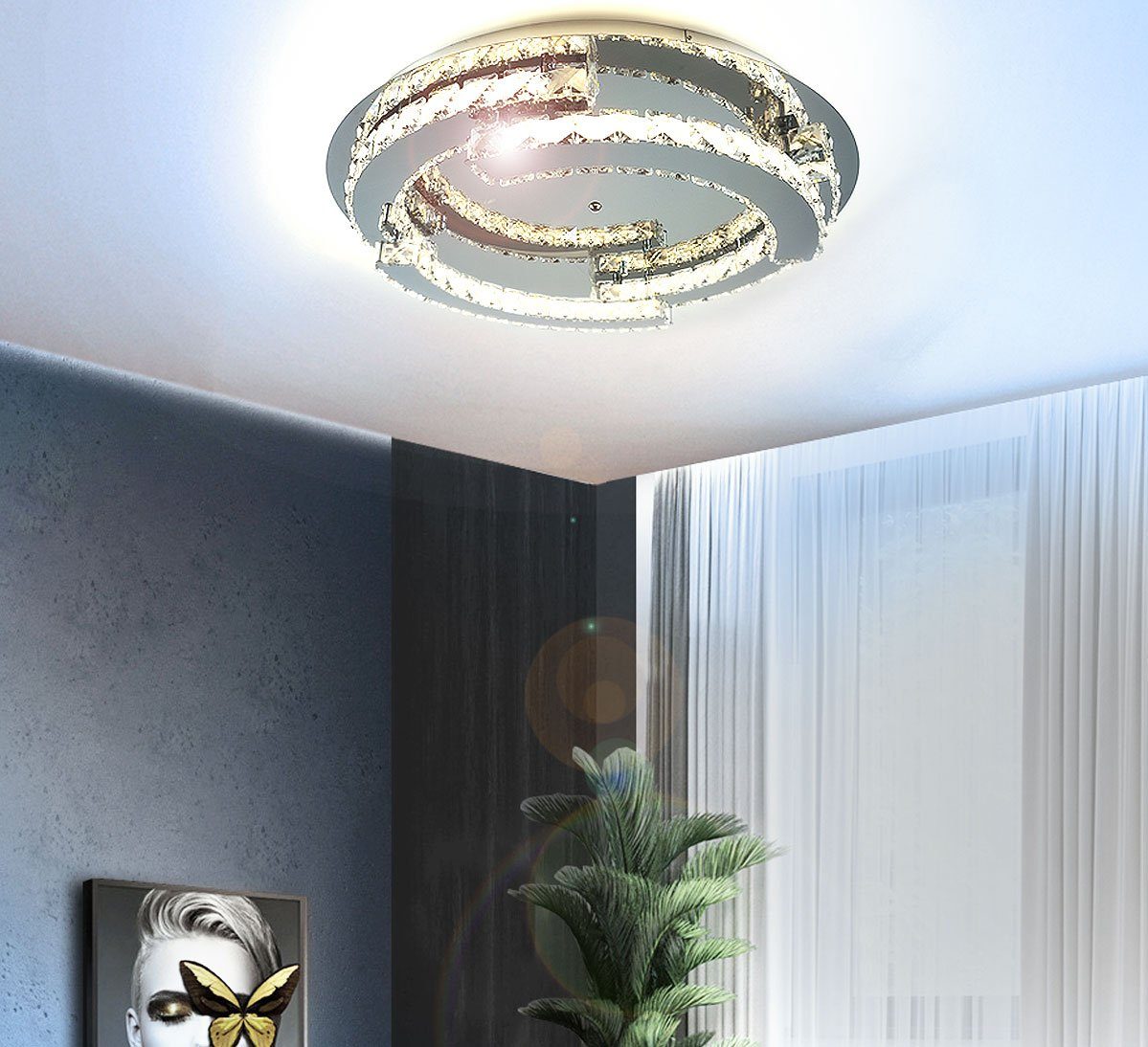 Lewima LED Deckenleuchte Schost, Glas Kristall Luxus XXXL Ø60-80cm groß Deckenlampe 50-55W, Modern Design Dimmbar rund, Warmweiß / Kaltweiß einstellbar, Silber verspiegelt inkl. Fernbedienung und Speicherfunktion