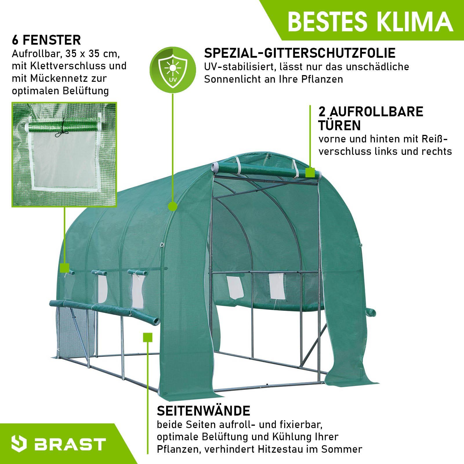 BRAST Foliengewächshaus Gewächshaus mit Stahlfundament Seitenwände aufrollbar, 4 Größen 2x3m 3x4m 3x6m 3x8m, Erdanker schwere Qualität Gitternetzfolie 175g/m²