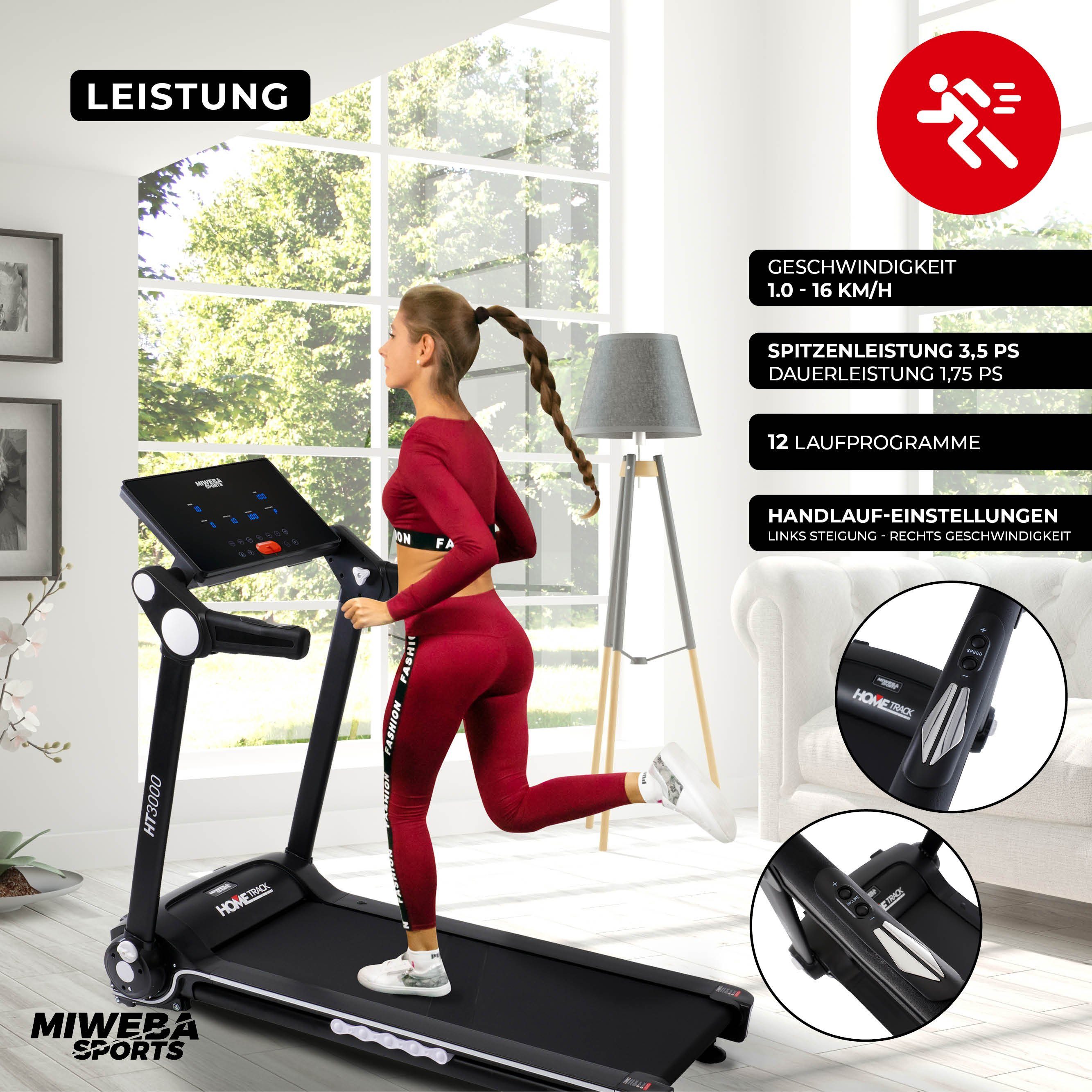 Miweba Sports Laufband Profi Sportgerät HT3000 - 16 km/h - 15 % Steigung - klappbar (Treadmill, Trainingsgerät, Fitnessgerät, Heimtrainer, Speedrunner, Fitness, Workout, 1-tlg., 120 kg Traglast, 12 Laufprogramme, 2 Quick-Speed Programme, Fitshow-App,