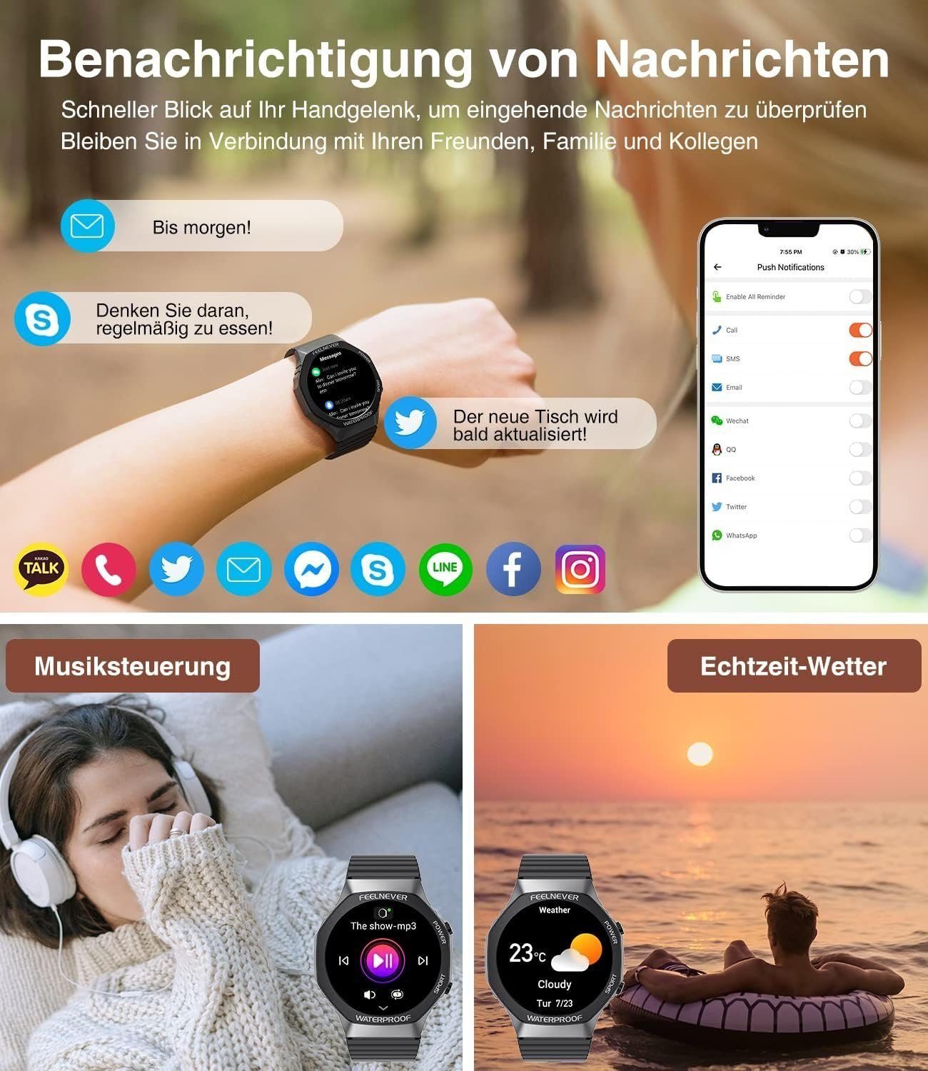 Mutoy Smartwatch Damen Herren Fitnessuhr Fitness Tracker Smartwatch (1,32 Zoll Runde Voll Touchscreen Zoll) Telefon Uhr mit Anruffunktion,IP67 Wasserdicht Fitness Uhr, mit Pulsmesser Schrittzähler Schlafmonitor, Sportuhr, Aktivitätstracker, Uhren Wat
