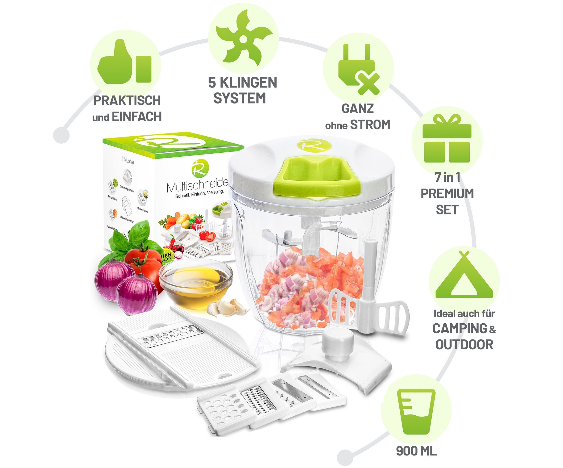 Rigutto Zwiebelhacker RIGUTTO® Premium Zwiebelschneider mit Seilzug [Mehr als 7 Funktionen]