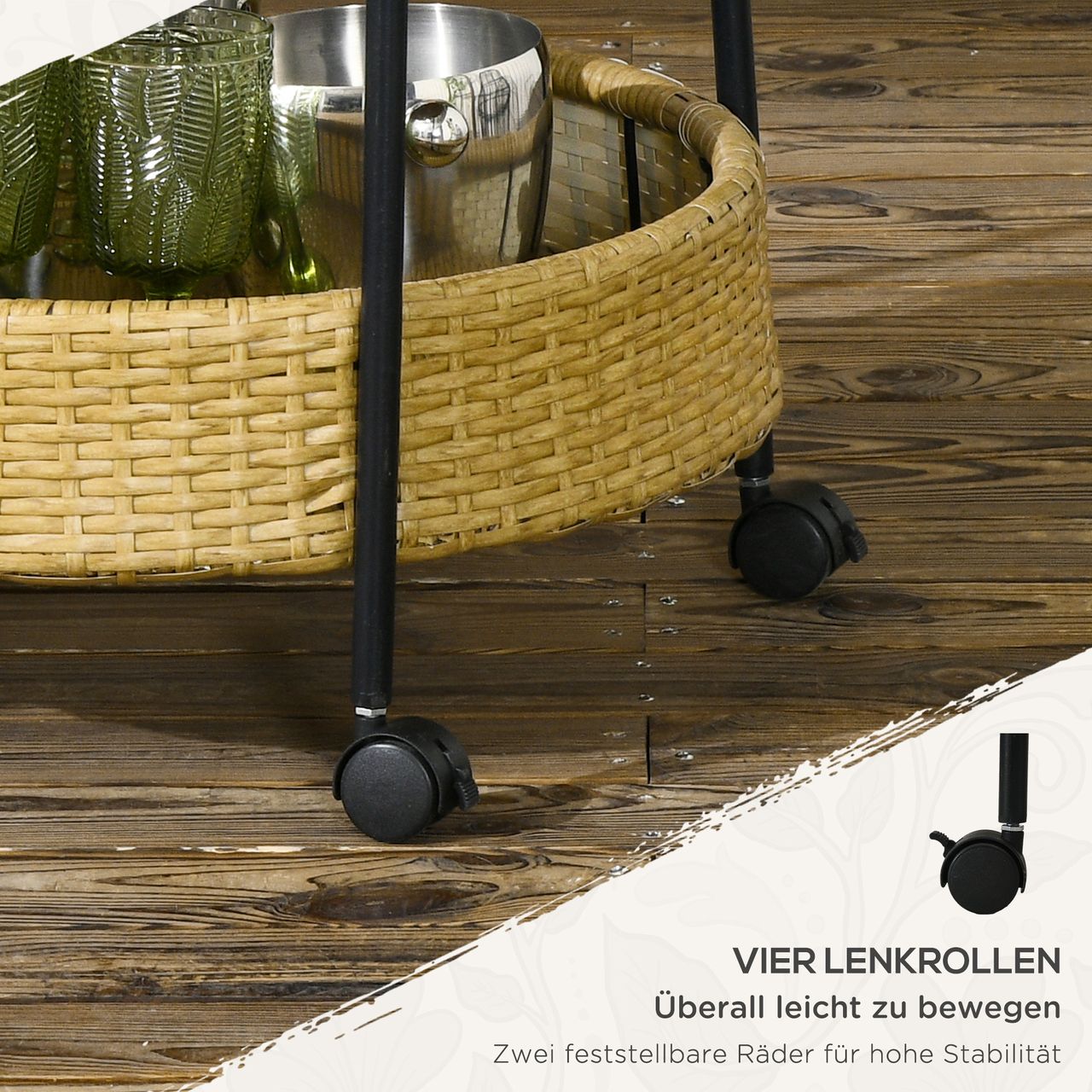 Outsunny Servierwagen Rattan Gartenrollwagen Trolley mit 2 Regalen Natur