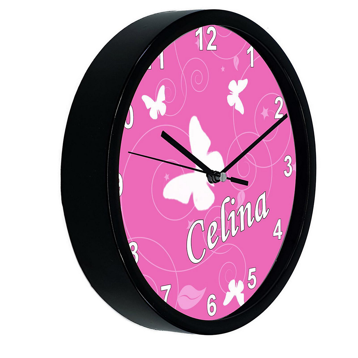 Kinder Wanduhr personalisiert mit Name Schmetterling Rosa