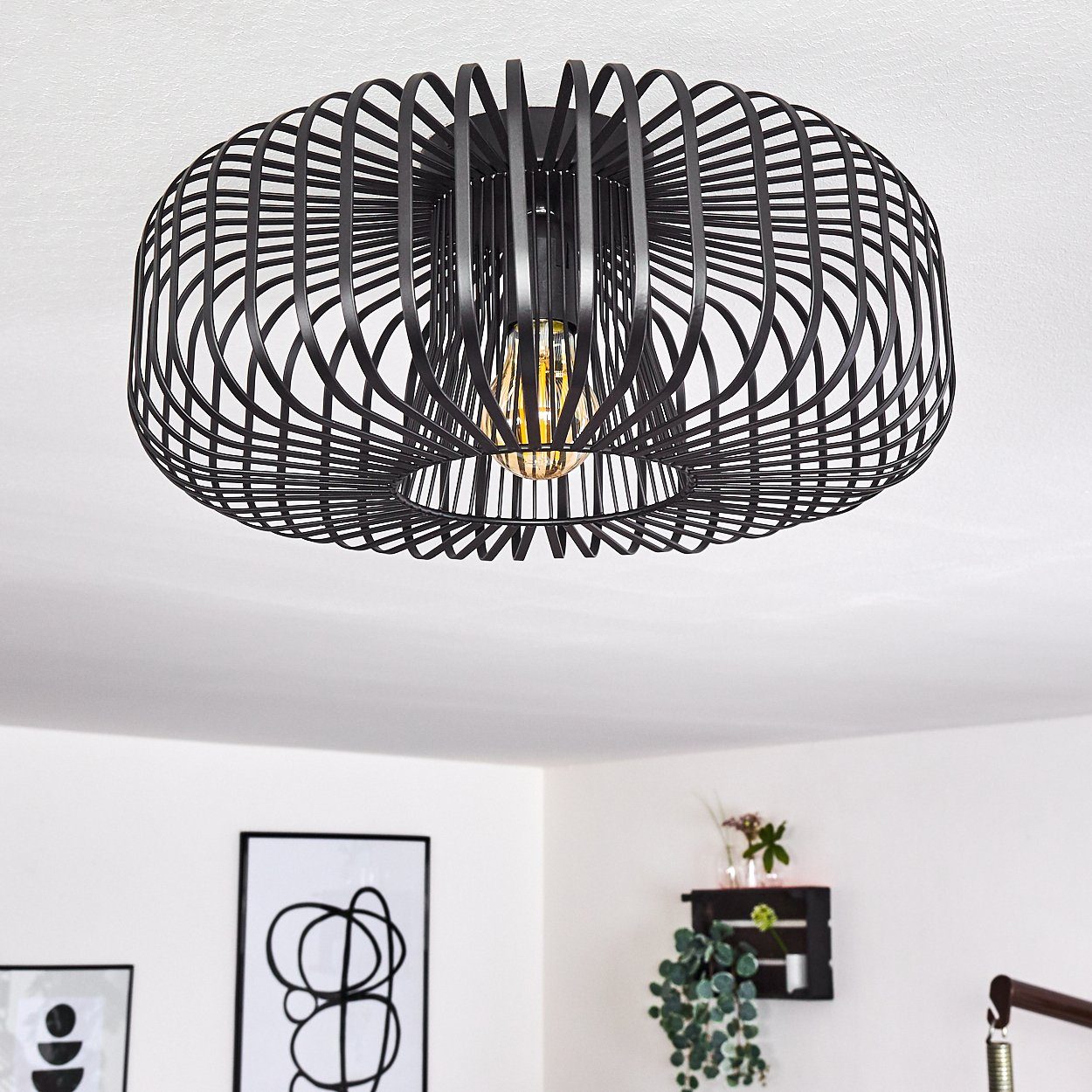 hofstein Deckenleuchte Pieris runde Deckenlampe aus Metall in Schwarz, ohne Leuchtmittel, E27, Retro-Leuchte mit Lichteffekt durch Gitter-Optik