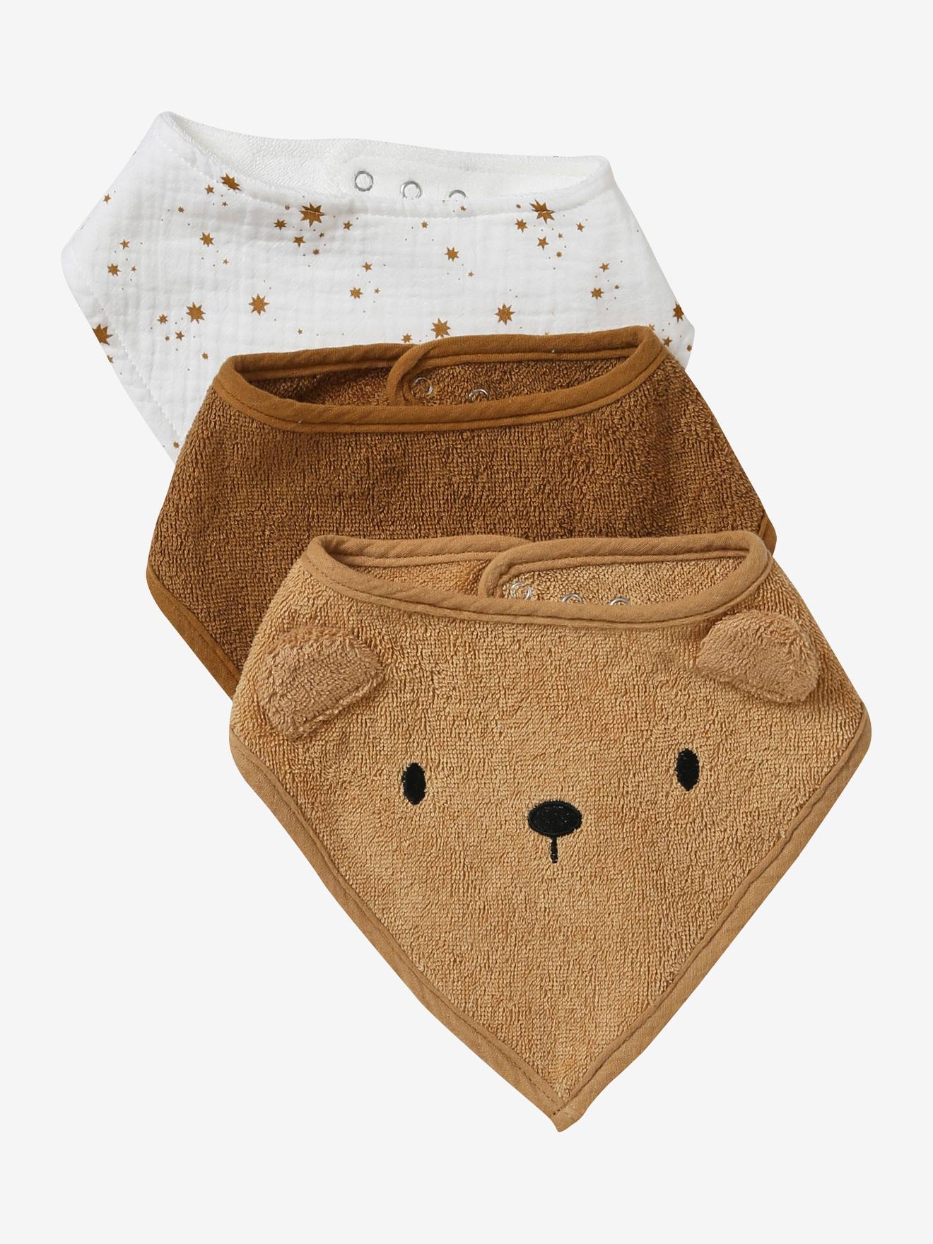 Lot de 3 bavoirs bandanas en éponge et gaze de coton caramel