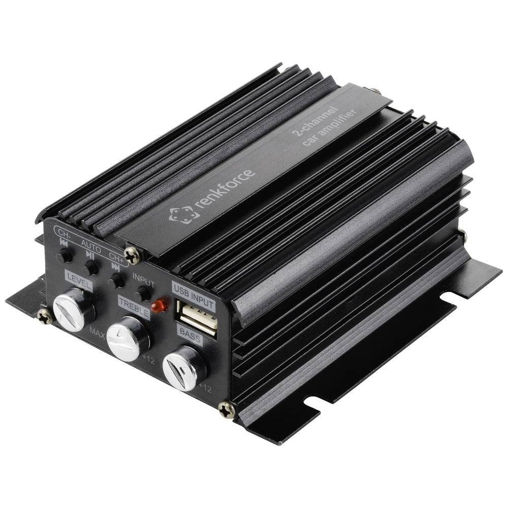 Renkforce 100 W 2-Kanal Auto-Verstärker Auto-Subwoofer (Bluetooth®-/USB-Audiowiedergabe, Lautstärke-/Bass-/Höhen-Regelung)