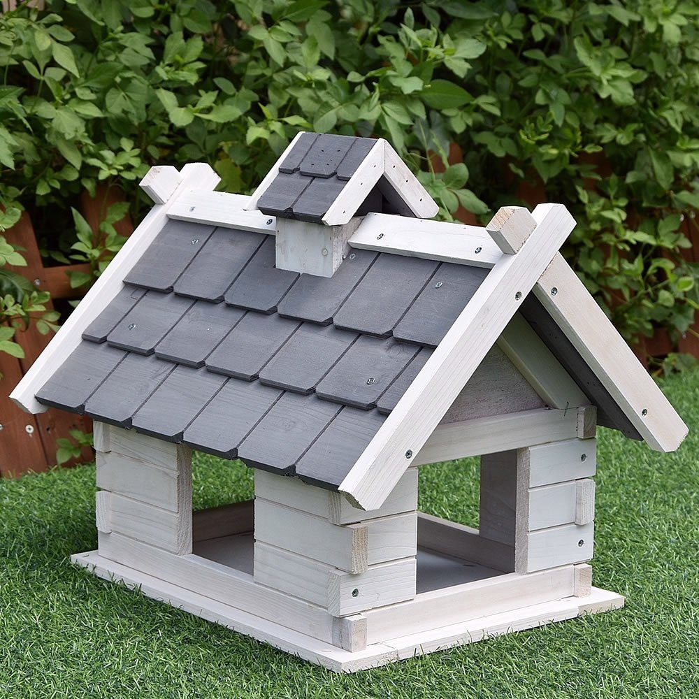 Melko Vogelhaus Vogelfutterhaus Vogelvilla Vogelhaus in Grau Weiß aus Holz mit Dach Vogelhäuschen Futterstation, Eine kleine Erhöhung am Rand des Vogelhauses sorgt dafür, dass das Futter nicht herausfällt
