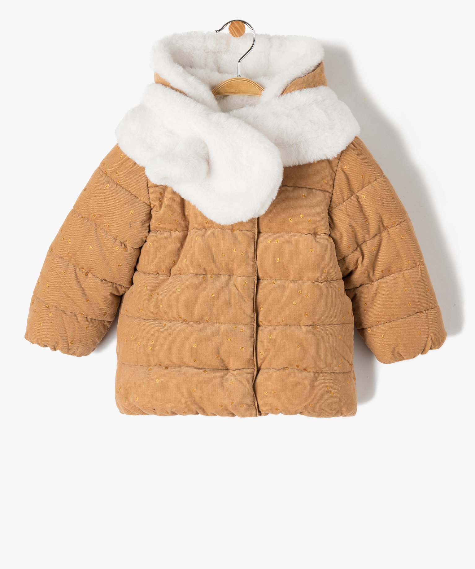 Parka bébé fille en velours ctelé à pois dorés avec écharpe douce