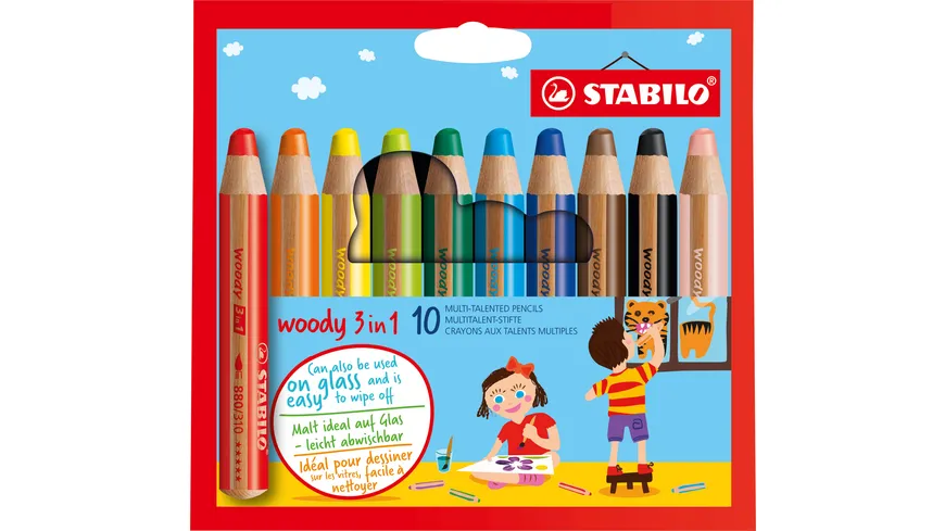 STABILO® Buntstift, Wasserfarbe & Wachsmalkreide - STABILO woody 3 in 1 - 10er Pack - mit 10 verschiedenen Farben sortiert