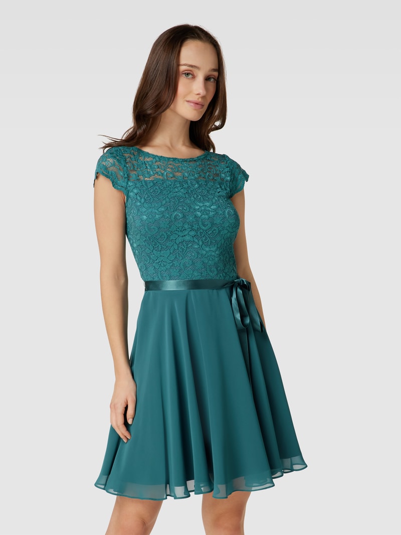 Cocktailkleid mit Spitzenbesatz in petrol