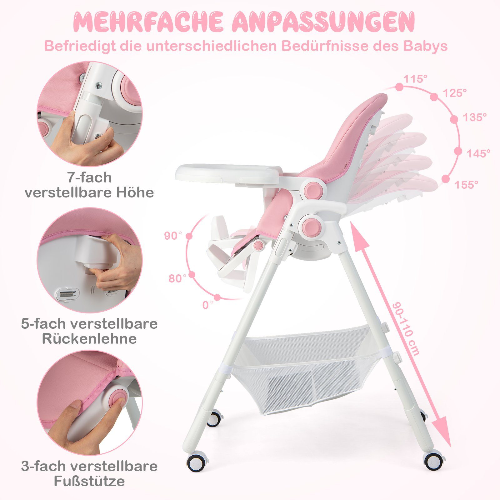 COSTWAY Hochstuhl Babyhochstuhl, klappbar, mit Aufbewahrungskorb, verstellbar