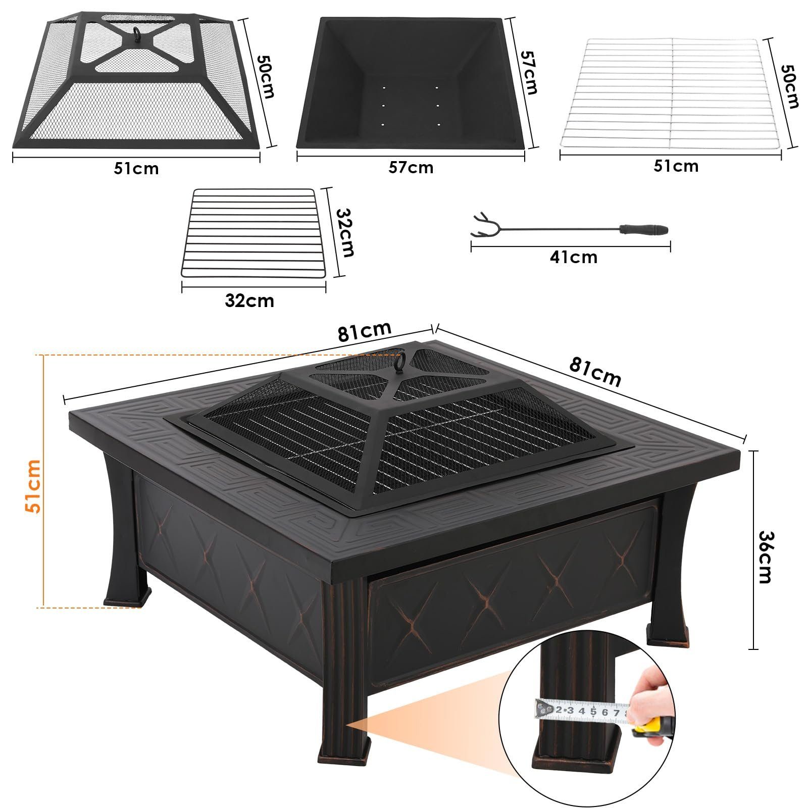 TLGREEN Feuerschale, 81x81 cm Feuerkorb mit Grillrost, Heizung & Grillen