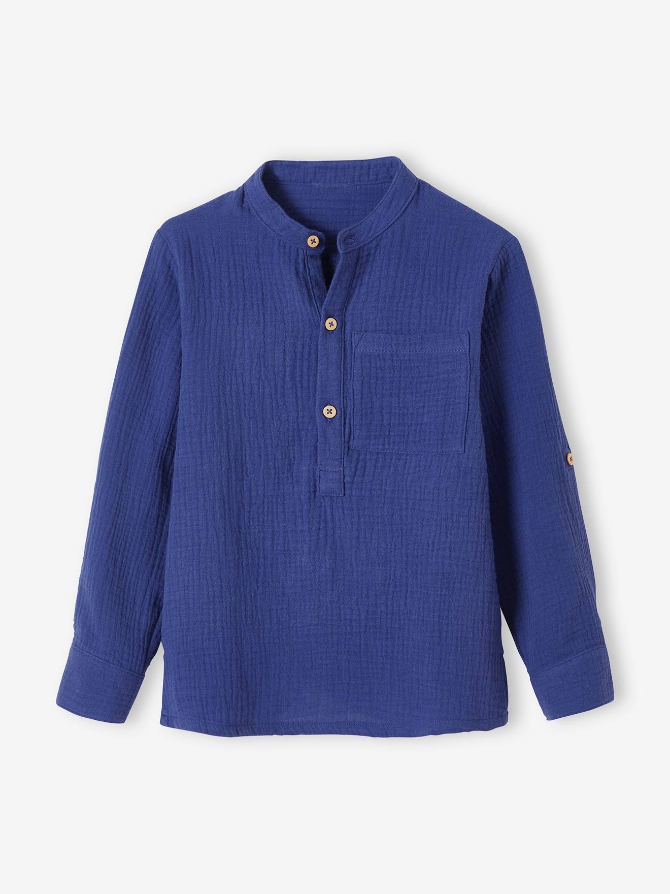 Chemise garçon en gaze de coton manches retroussables bleu moyen