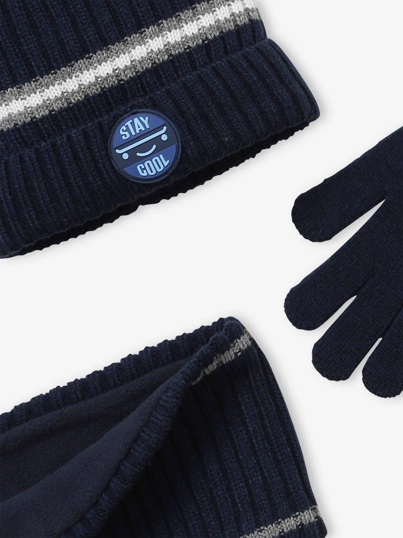 Ensemble garçon bonnet + snood + gants en maille côtelée BASICS marine
