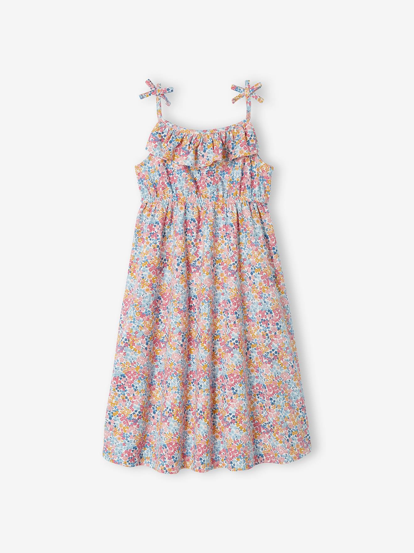 Robe mi-longue à bretelles imprimée fleurs fille framboise