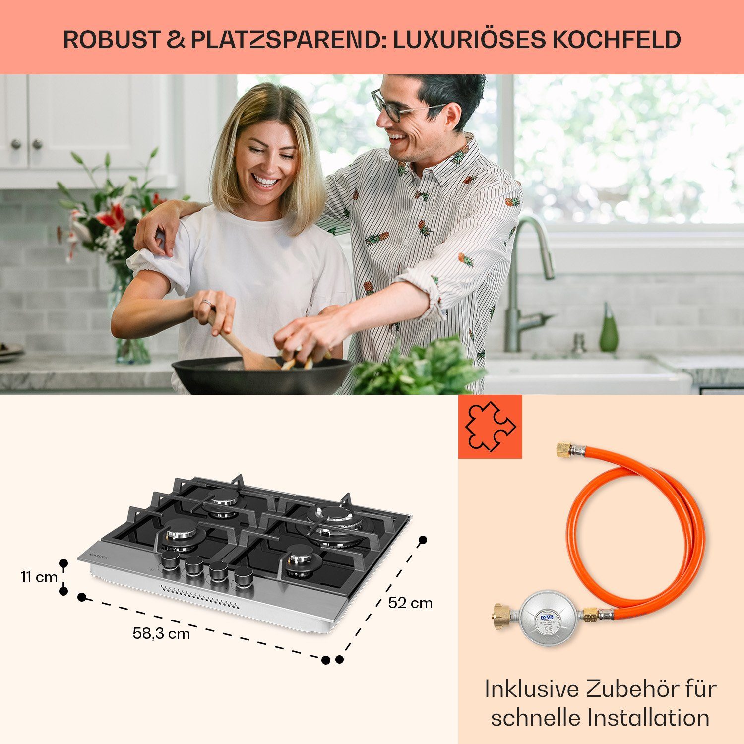 Klarstein Gas-Kochfeld Alchemist 4 Zonen Gaskochfeld Aluminium-Brenner Glaskeramik schwarz CP11-Alchemist-4, 4 flammen brenner Kochfelder Gaskochfelder
