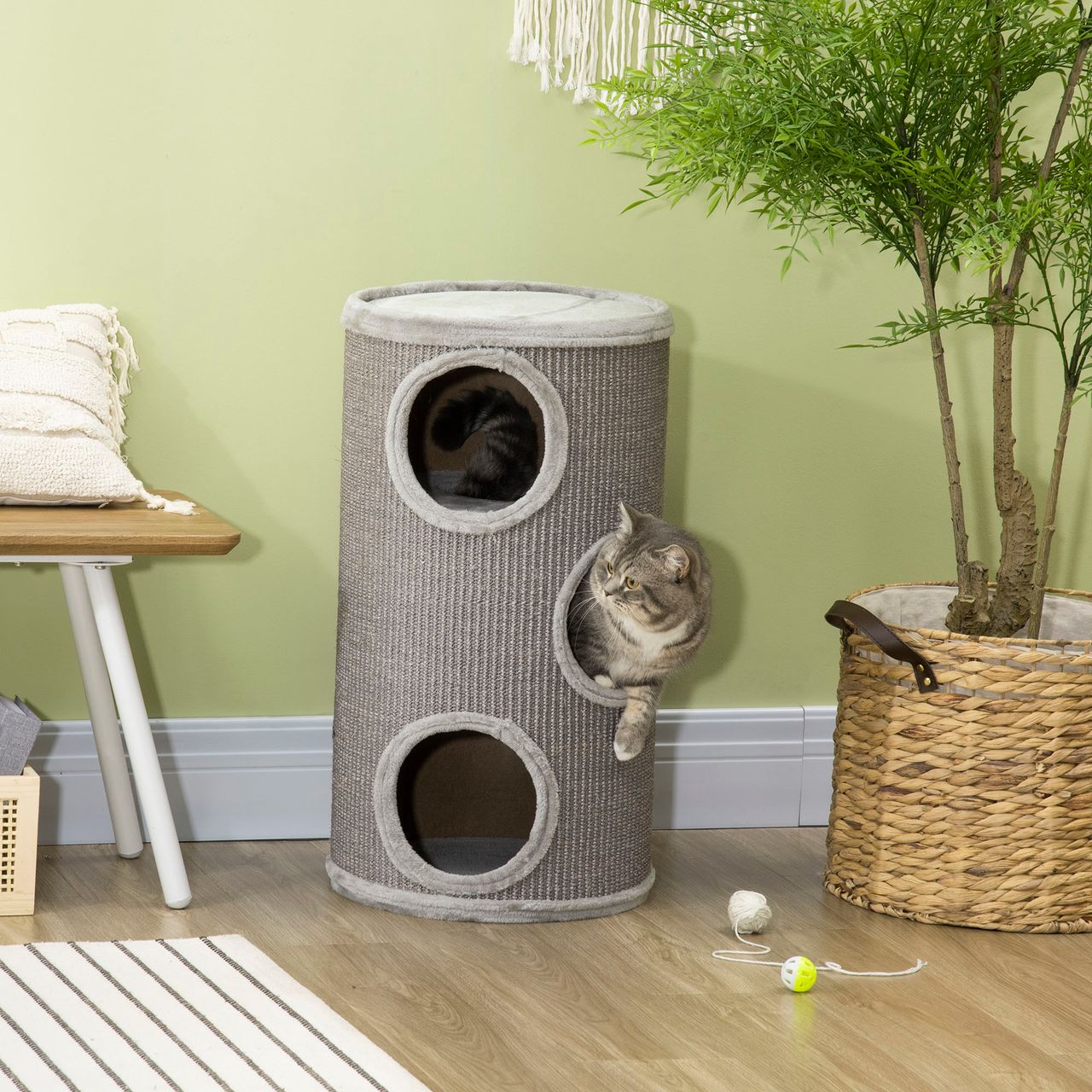 PawHut Kratztonne, Katzenkratzbaum mit 3 Höhlen, Spieltonne für Katzen, Hellgrau