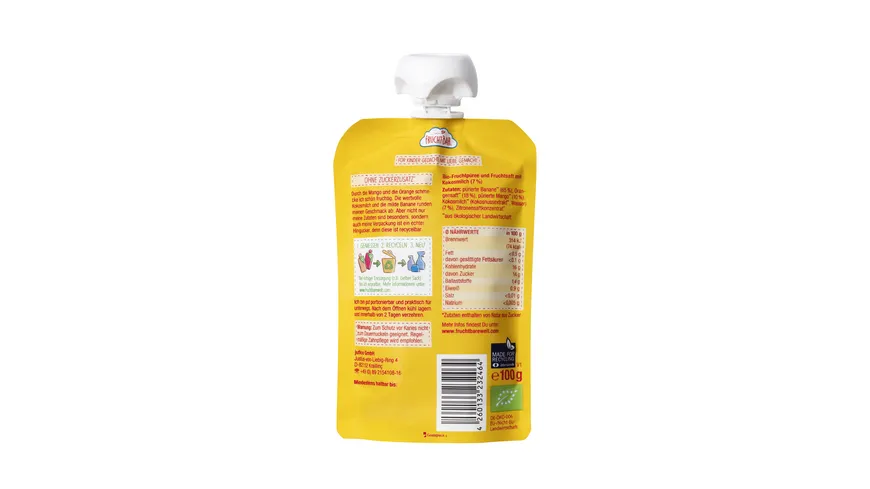 FruchtBar – Bio-Fruchtpüree Mango, Orange, Kokosnuss, Banane 100 g