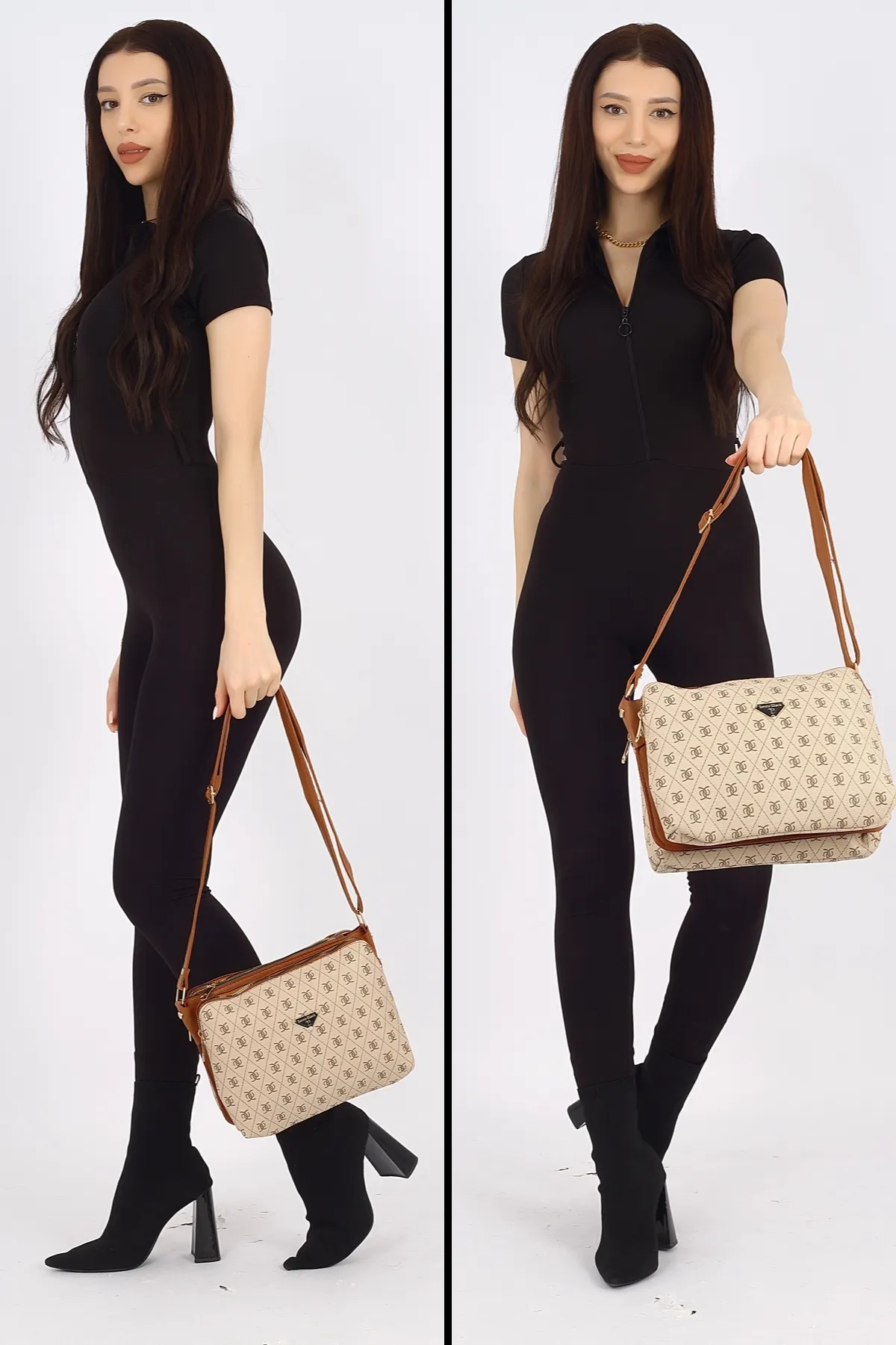 Tonny Black  Original Damen-Umhängetasche mit Reißverschluss und 3 Fächern aus weichem Leder, stilvolles Modell mit verstellbarem Kreuzriemen