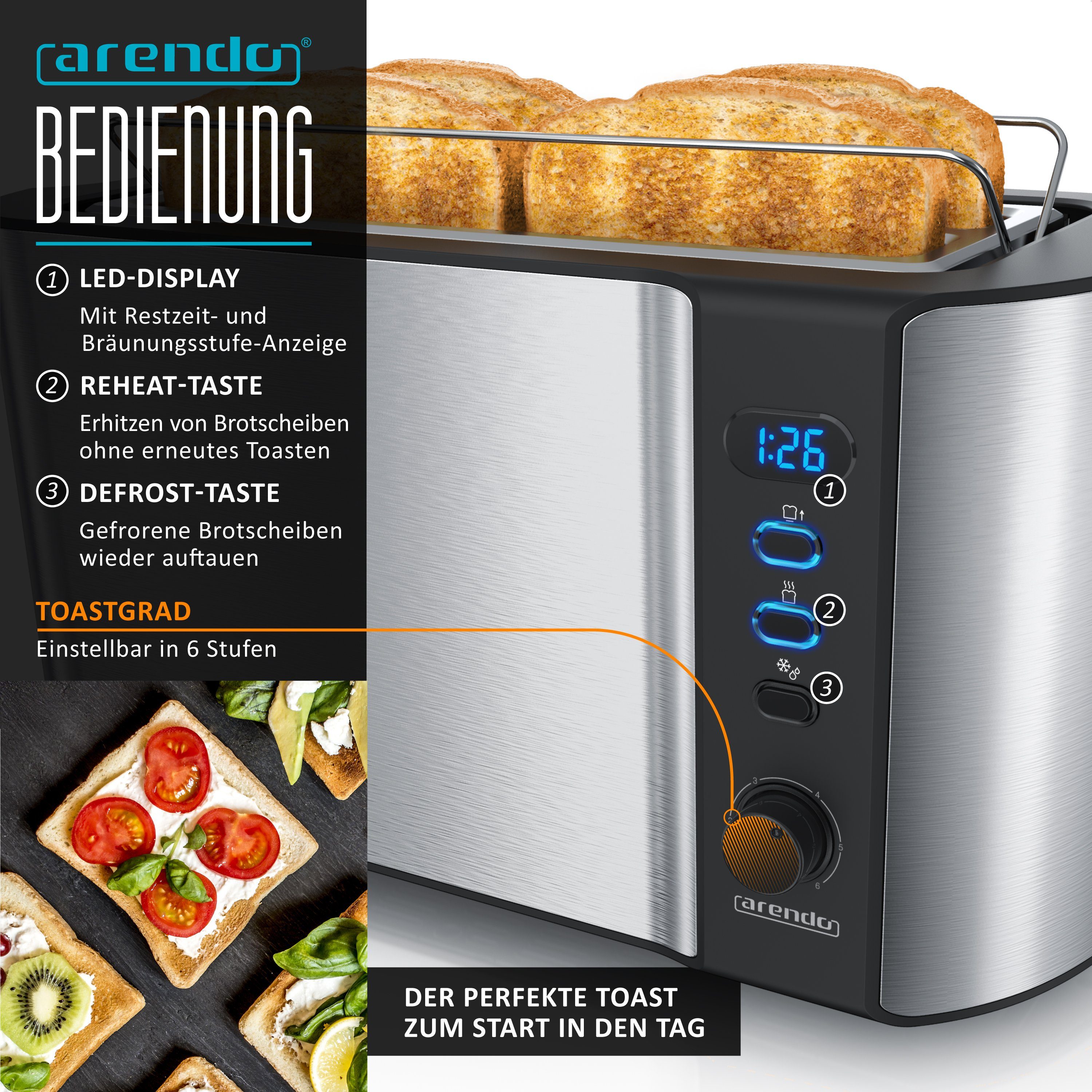 Arendo Frühstücks-Set (2-tlg), Edelstahl Wasserkocher 1,5l, 4-Scheiben Langschlitz Toaster, Silber