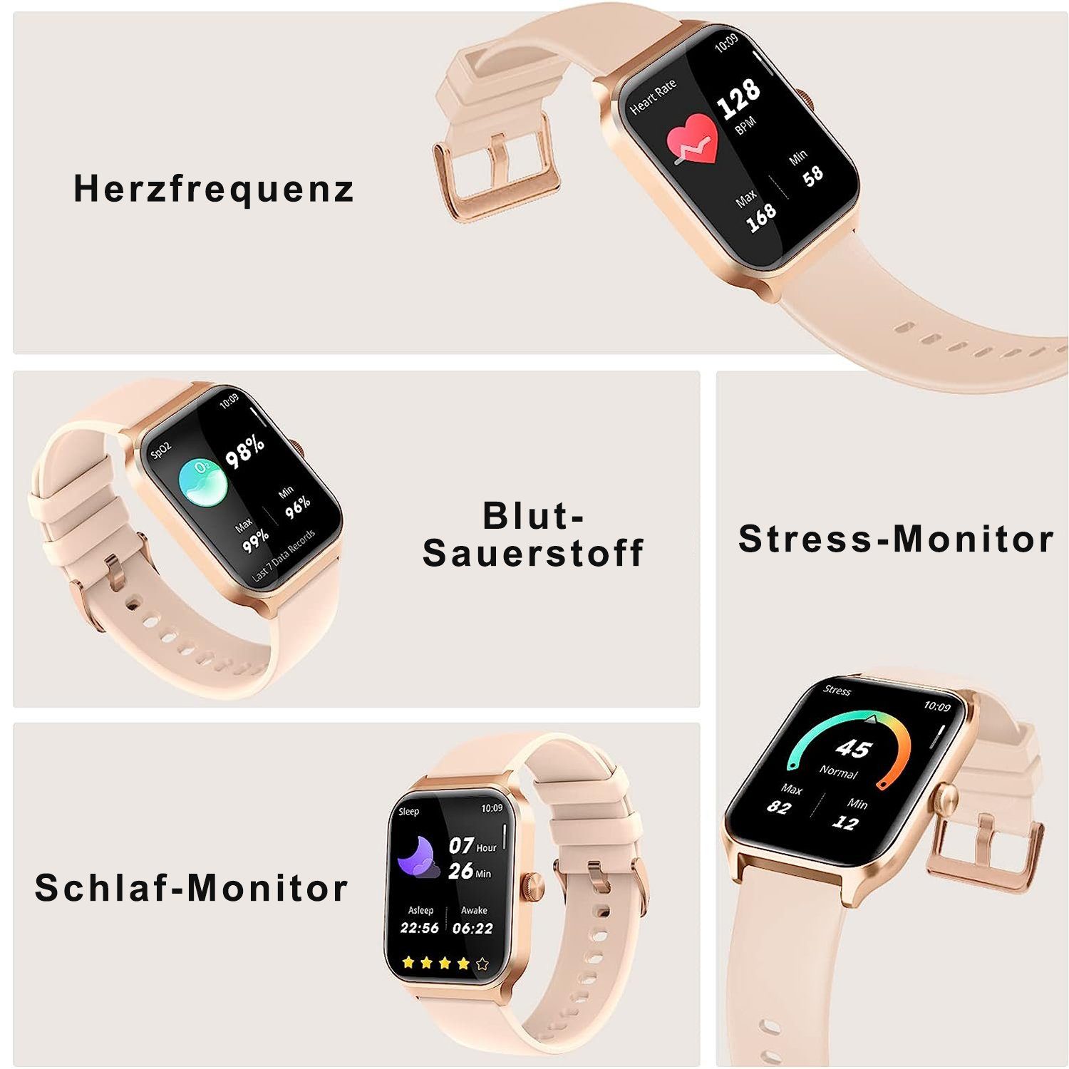 Yuede Smartwatch Damen und Herren, Fitness Uhr Mit Sprachanruf, Smartwatch (4,98 cm/1,96 Zoll) Fitness Tracker mit Schrittzähler, Schlaftracking, Kalorienverbrauch, Sportuhren mit Herzfrequenzmessung, Schlafuberwachung, Blutsauerstoffmessung, Sportar