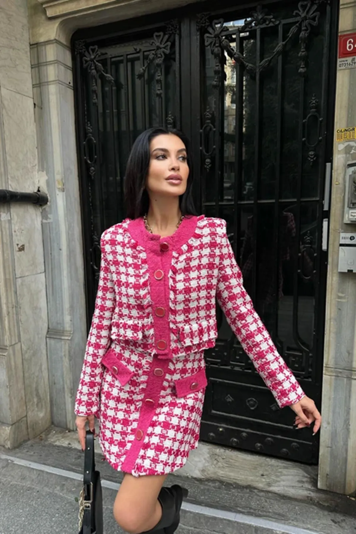 Laluvia  Fuchsia-Glockenrock-Jacken-Tweed-Anzug