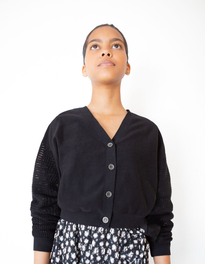 Cardigan cropped noir tricot manches ajourées fille