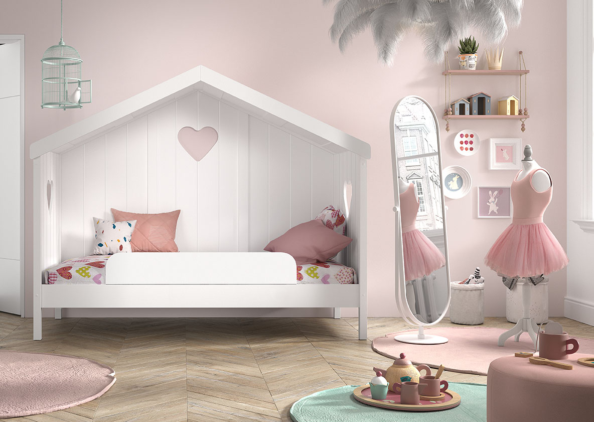 VIPACK Hausbett Amori mit Rückwand u. Absturzschutz, Liegefläche 90 x 200 cm, inkl. Rolllattenrost, Ausf. Kiefer und MDF weiß lackiert