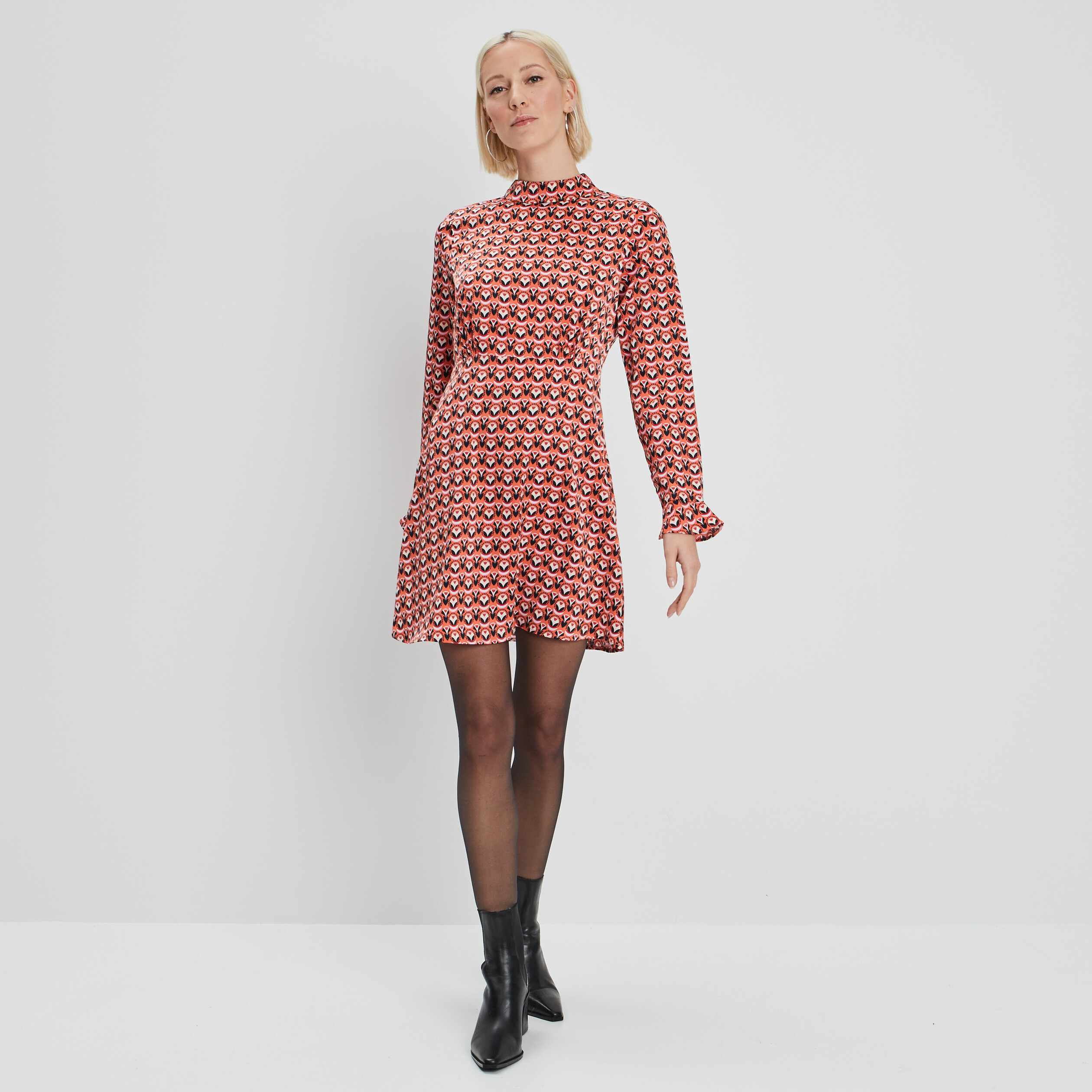 Robe trapèze col montant orange corail femme | La Halle