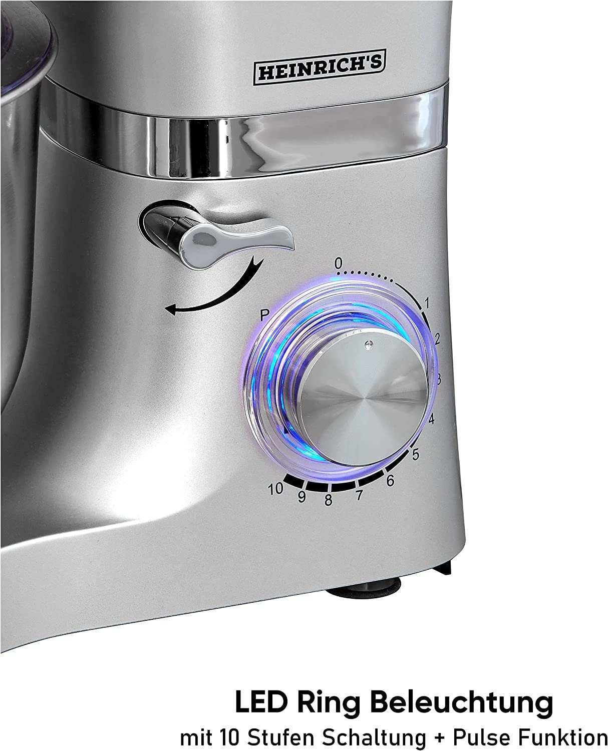 Heinrich´s Multifunktions-Küchenmaschine HKM 6278, 1300 W, 6,20 l Schüssel, XL 6,2L Edelstahlschüssel mit Spritzschutz, 3 Aufsätze, 11 Stufen