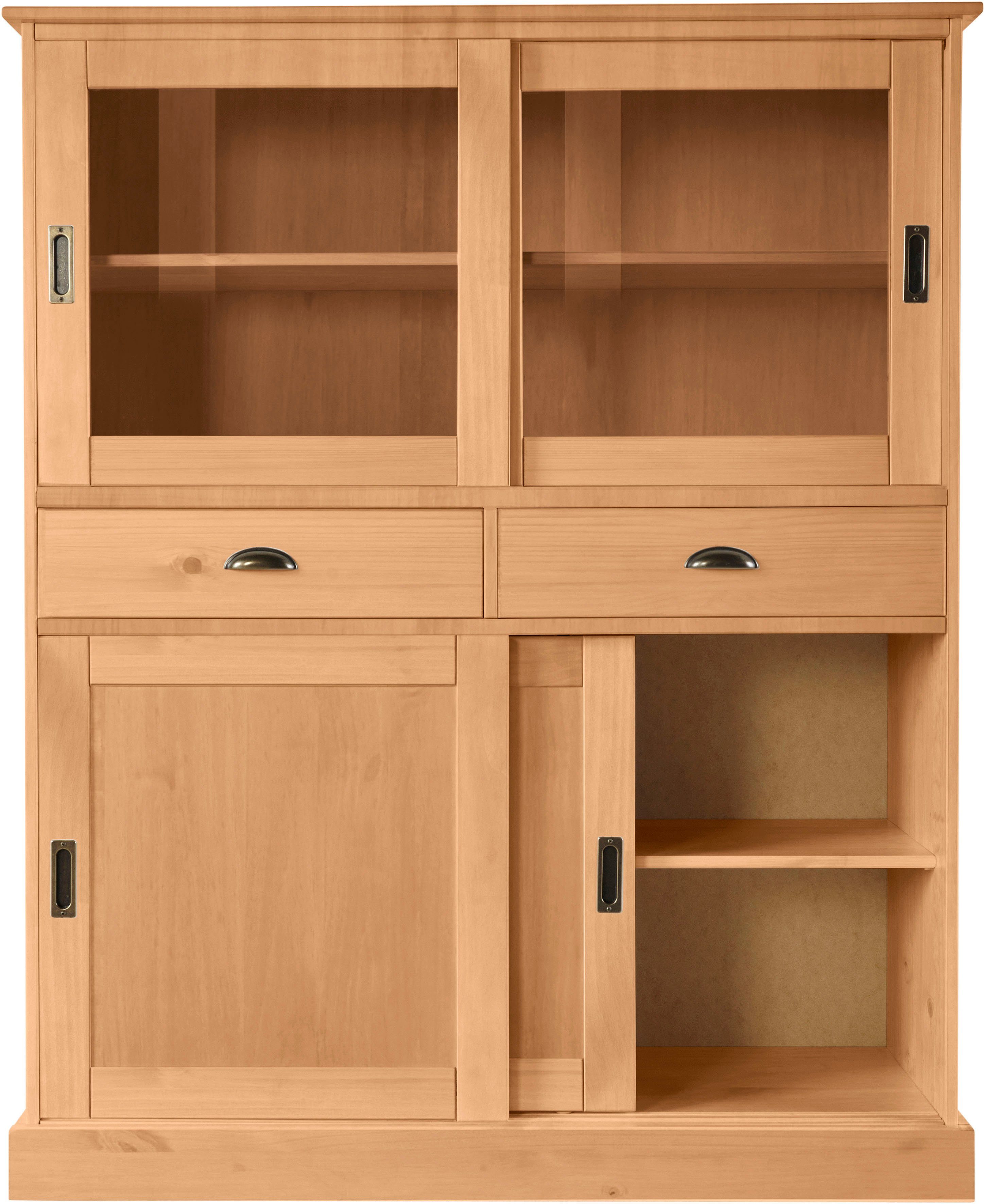 Home affaire Highboard Schröder, mit 2 Glas- u. 2 Holztüren, 2 Schubkasten, aus massivem Kiefernholz