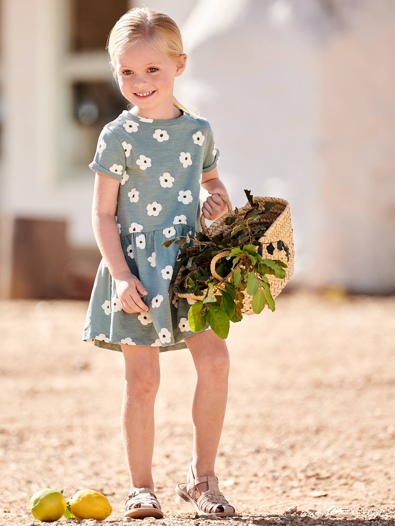 Robe Basics imprimée fille manches courtes bleu clair imprimé cerises