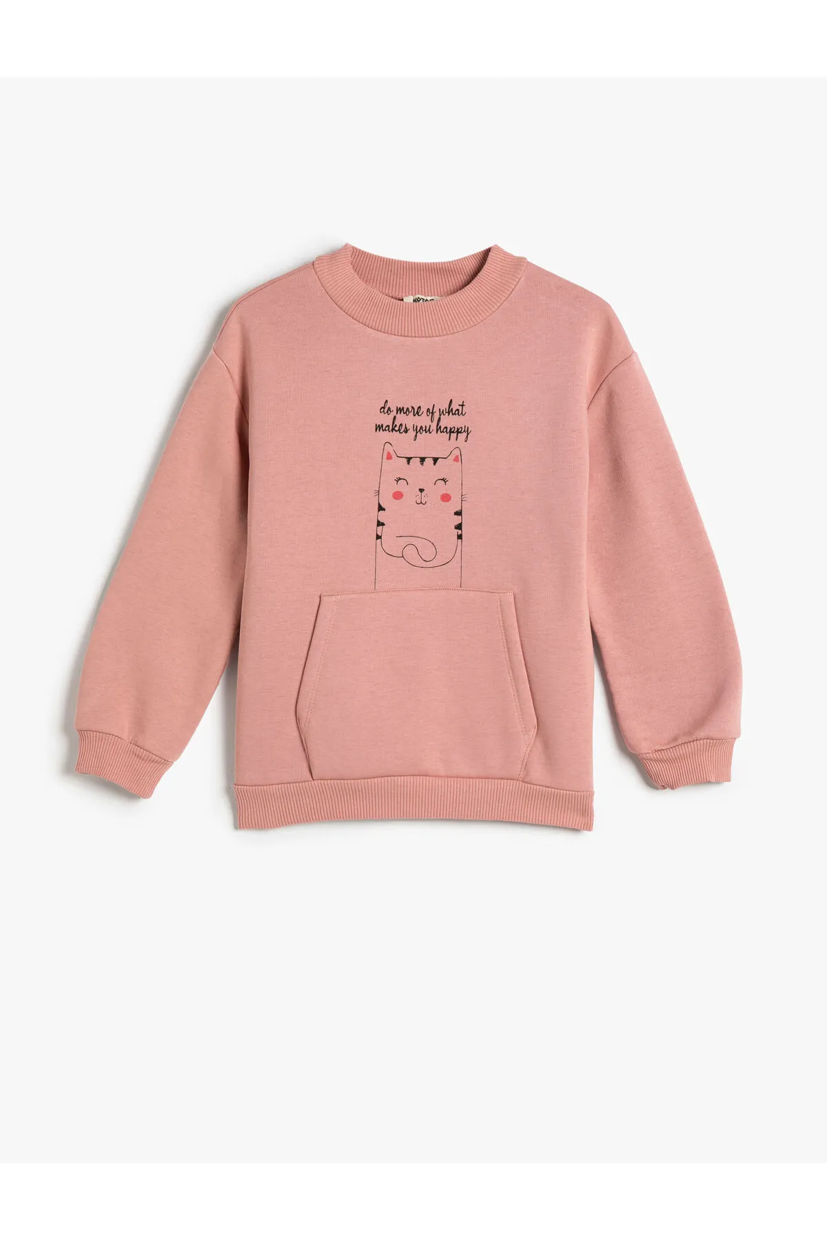 Koton  Sweatshirt aus roségoldener Katze mit Rundhalsausschnitt und Kängurutasche aus Baumwolle
