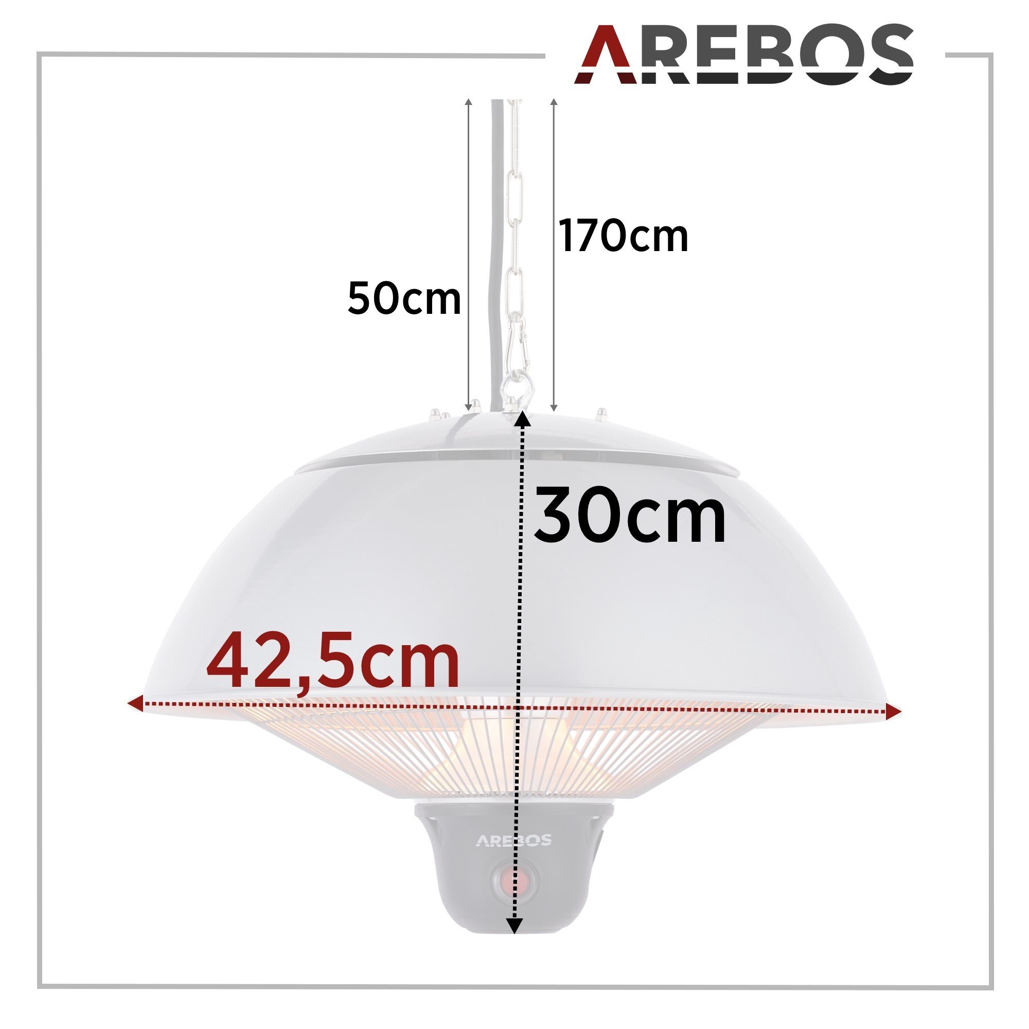 Arebos Heizstrahler Decken-Heizstrahler, Balkonheizer, 3 Heizstufen 500/1000/1500 W, Deckenstrahler