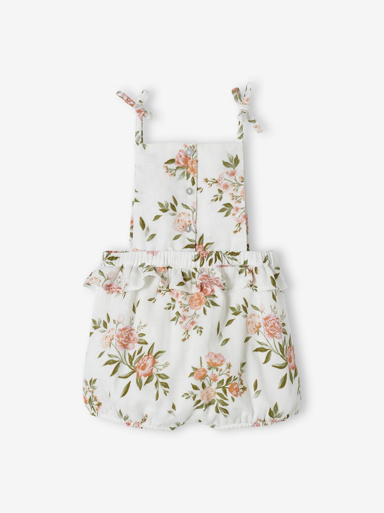 Combishort fleurie bébé à bretelles blanc