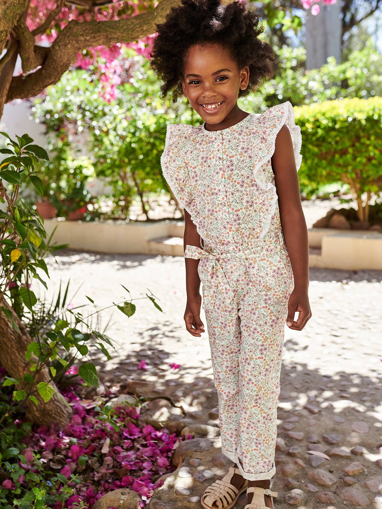 Combinaison volantée à fleurs fille écru