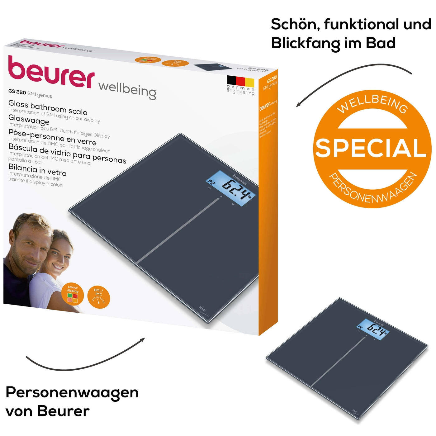 Beurer Glaswaage - GS 280 BMI Genius-Personenwaage aus Glas mit BMI Berechnung & farbigem Display - bis 180 kg