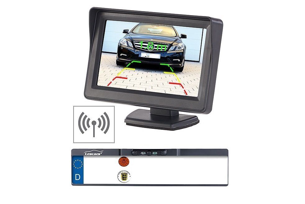 Lescars Lescars Funk-Rückfahrkamera 10,9-cm-TFT-Monitor Nummernschild Rückfahrkamera (480 x 272 Pixel, 2x Video-Cinch und Strom-Adapterstecker mit 45cm Länge, Übertragung via Funk, somit keine Kabelverlegung nach Vorne nötig)